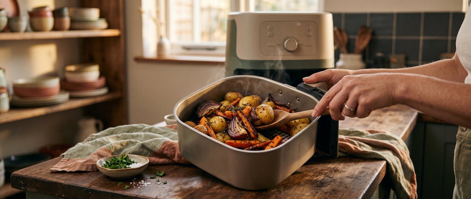 An open air fryer basket resting on a worn wooden kitchen counter, its deep sides clearly visible, filled with roasted carrots, red onion wedges, baby potatoes and herbs with steam rising. A hand lifts a wooden spoon from the basket. The air fryer itself sits softly out of focus behind. AI-generated image.