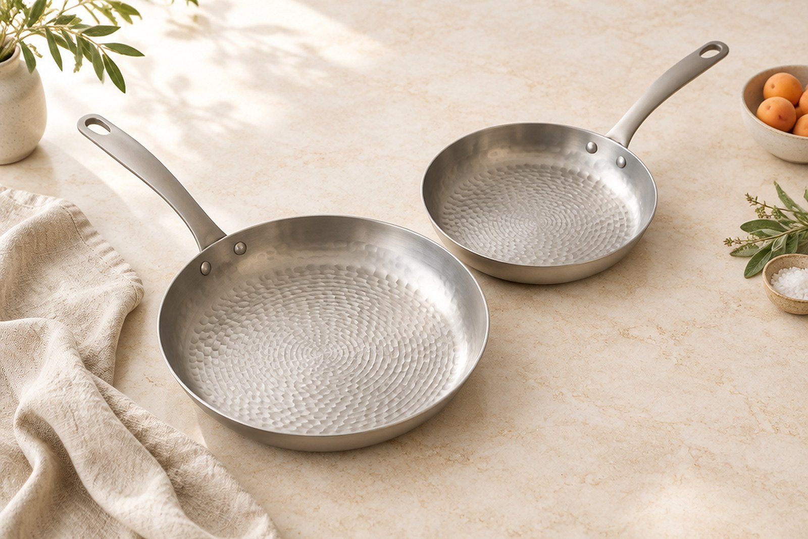 Two bare titanium frying pans with a fine hammered, fish-scale texture and a matte silver-grey finish, on a warm stone counter with linen, in soft bright morning light. AI-generated image.