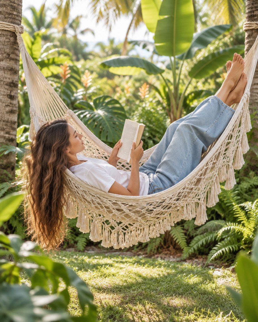 A woman in baggy jeans and a cotton T-shirt reads in a macramé hammock between two palm trees in a tropical garden