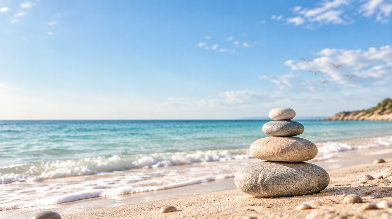 Smooth stones balanced in a small cairn on pale sand at the water’s edge, with a clear turquoise sea, bright sky and a few distant seabirds. AI-generated image.