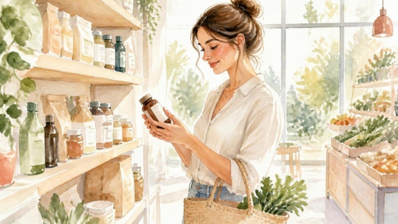 Watercolour painting of a woman smiling as she reads the label on a jar in a bright, sunlit shop aisle. AI-generated image.