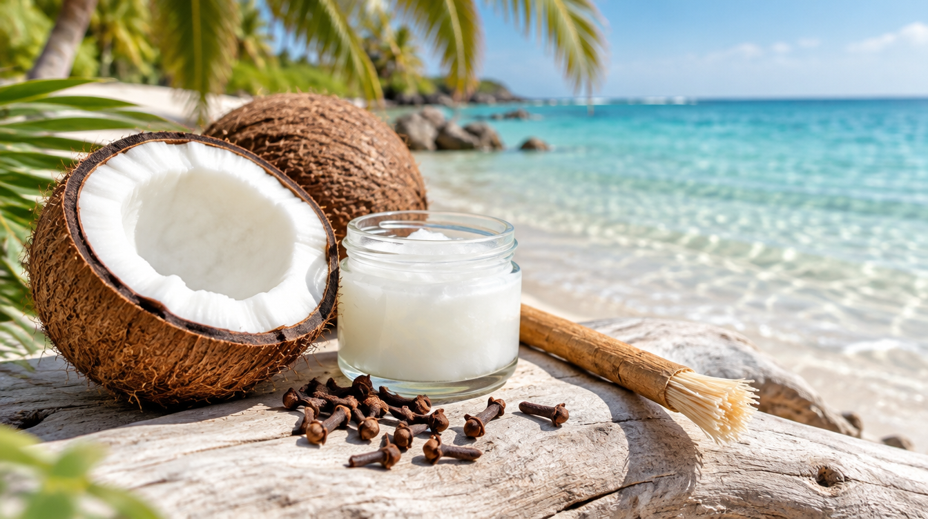 An open coconut, a glass jar of coconut oil, whole cloves and a miswak stick on driftwood by a clear tropical sea. AI-generated image.