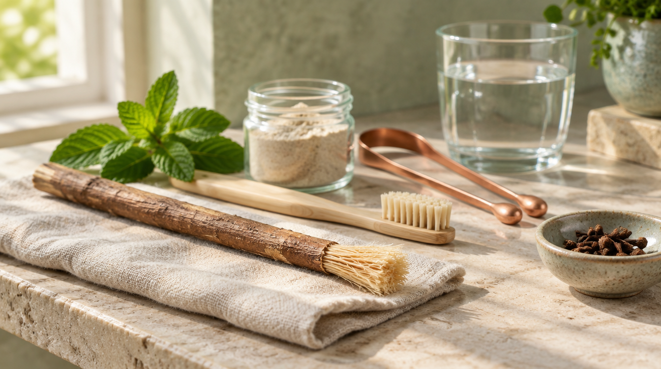 A miswak stick on linen beside a bamboo toothbrush, a glass jar of tooth powder, a copper tongue cleaner, cloves and a glass of water